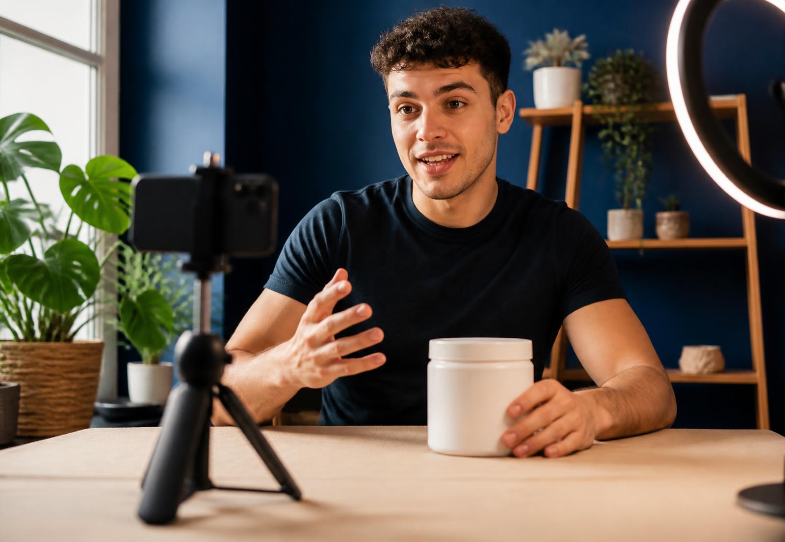 Creador grabando contenido con un envase de suplemento sin marca