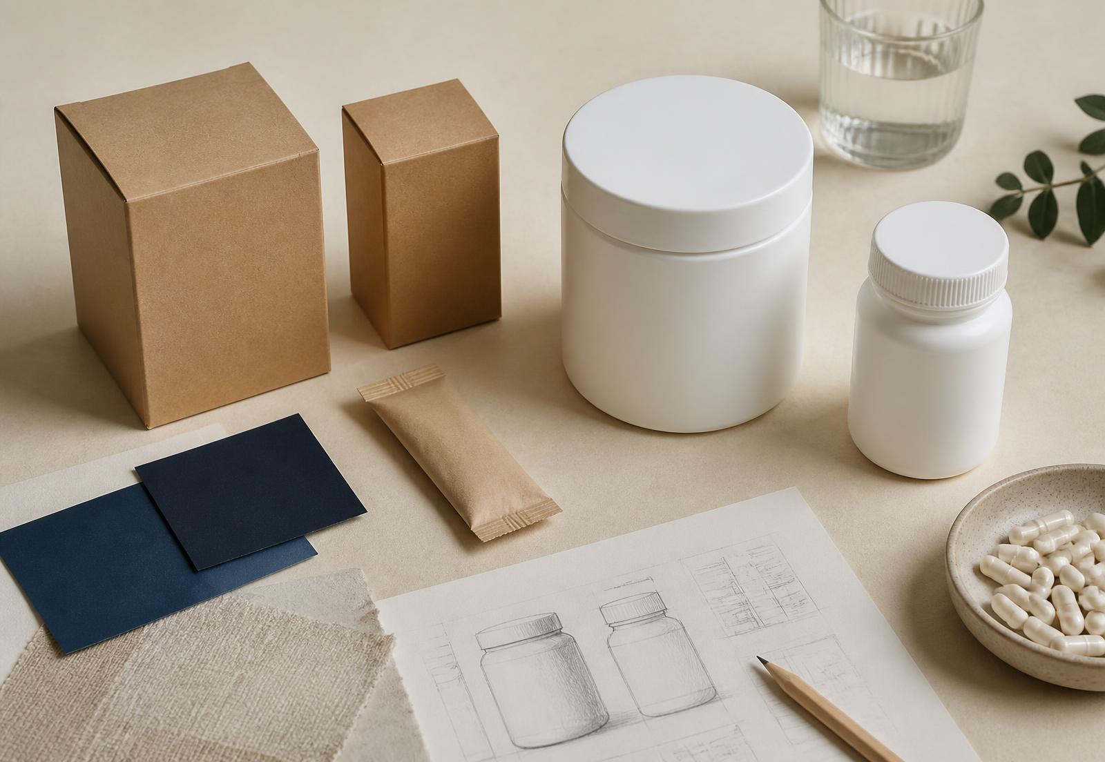 Maquetas de empaque de suplementos en blanco y bocetos de diseño