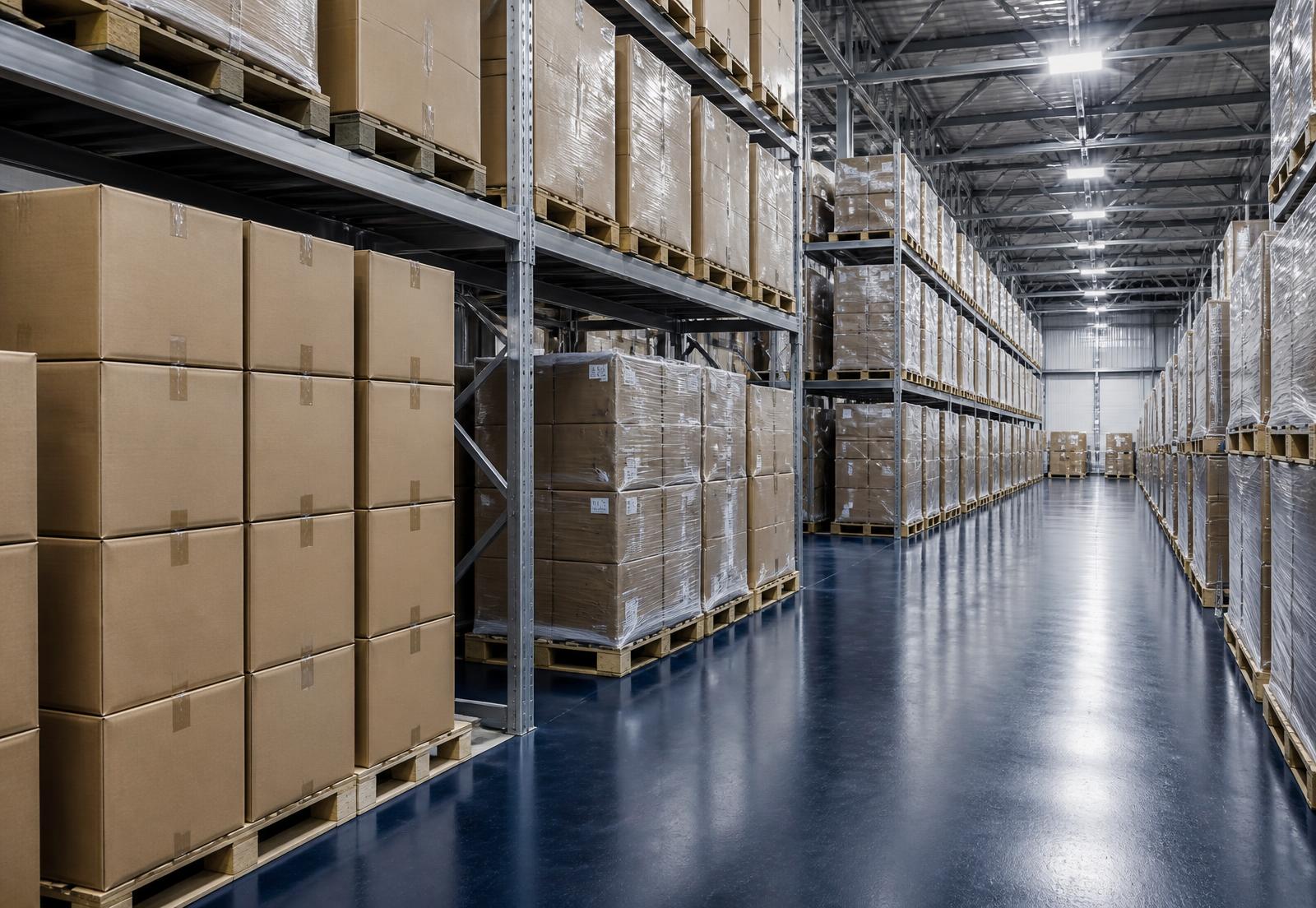 Cajas sin marca y tarimas embaladas en un pasillo de almacén