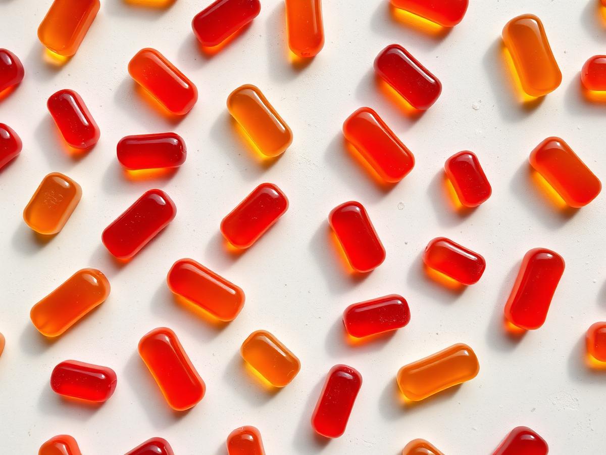 Gomitas de suplemento sabor fruta ordenadas en cuadrícula