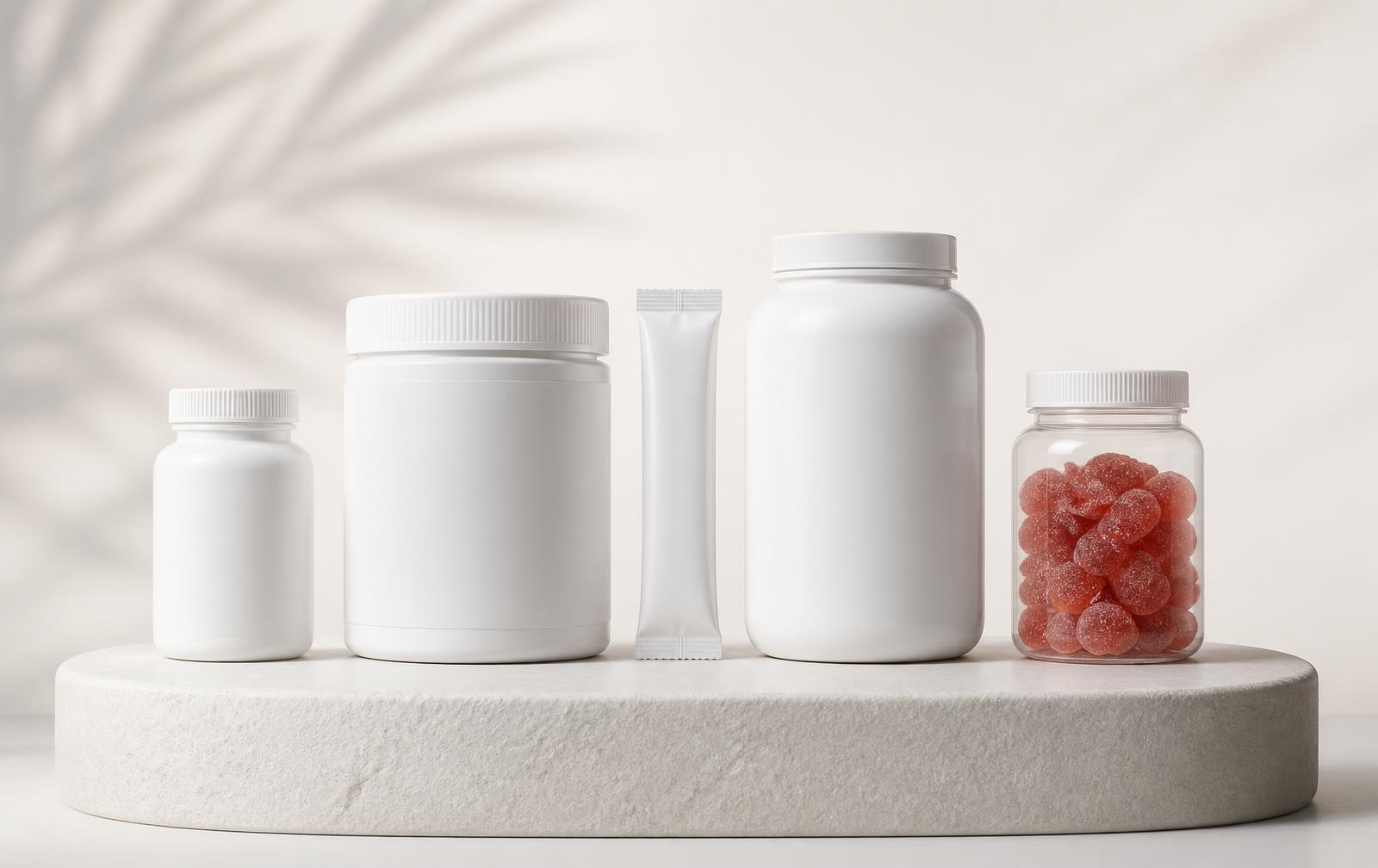 Fila de envases de suplementos sin etiqueta en distintos formatos
